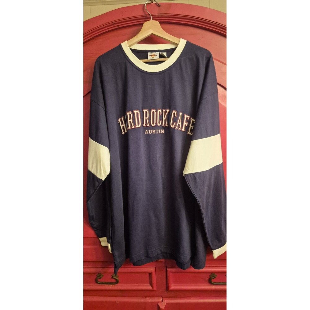 Vintage 90s Hard Rock Cafe XXL Austin Long Sleeve Shirt Colorblock Navy Blue EUC